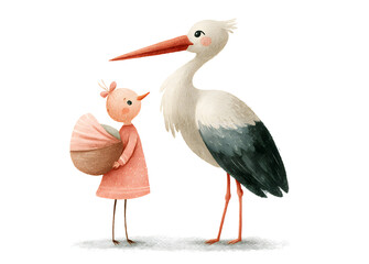 Beautiful stock clip art illustration set with hand drawn cute stork bird carrying a baby girl for birthday.