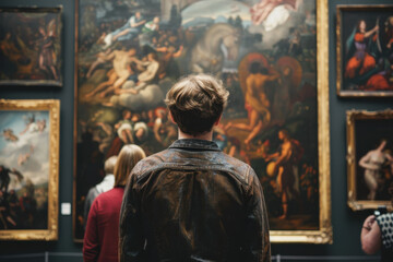 Naklejka premium A person admiring classic paintings in a museum, capturing the essence of art appreciation and culture.