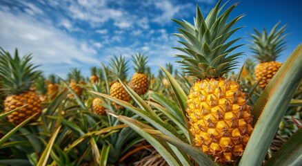 A vivid, high-res shot of ripe pineapples under blue skies—capturing nature’s charm with pro detail and showing how AI enhances commercial photography.
