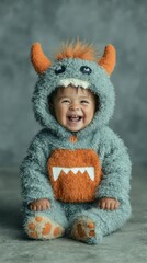Cheerful baby wearing a fluffy monster costume sits on the floor in a playful studio setting during a sunny afternoon
