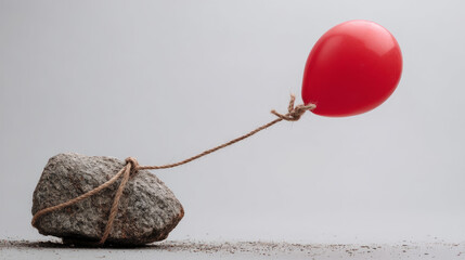 Red balloon tied to stone showcasing freedom and weight concepts