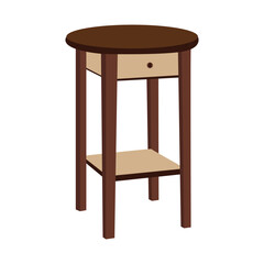 Modern Round Wooden Side Table with Drawer and Shelf, Minimalist Bedside or Accent Table for Living Room or Bedroom, Isolated on White Background Illustration

