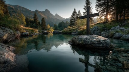 Serene mountain landscape with a wooden cross at sunset near a calm lake surrounded by trees