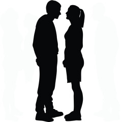 Man and woman stand face to face in silhouette with a white background