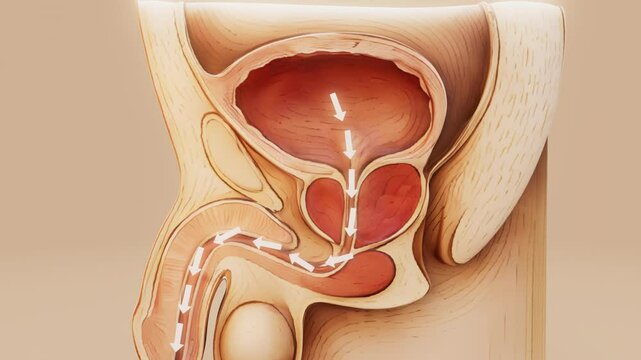 Conceptual 3D medical animation of prostate and bladder anatomy