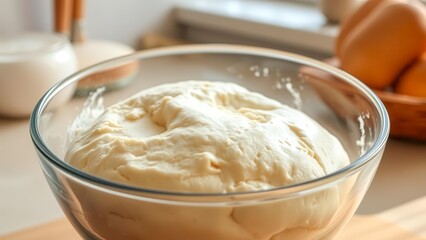Freshly kneaded yeast dough rises in a bowl, revealing a porous structure. A great image to illustrate home baking and culinary processes.