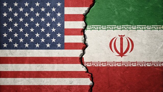 usa and iran flags with cracked wall symbolizing diplomatic tension and geopolitical conflict

