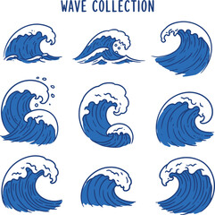 Hand-Drawn Ocean Wave Collection: Blue Surfing & Sea Elements

