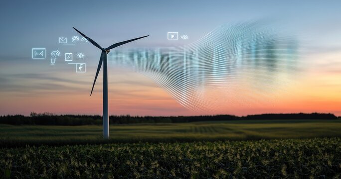 A single wind turbine in a field at sunset, with a digital data stream emanating from its blades, symbolizing clean energy and digital connectivity