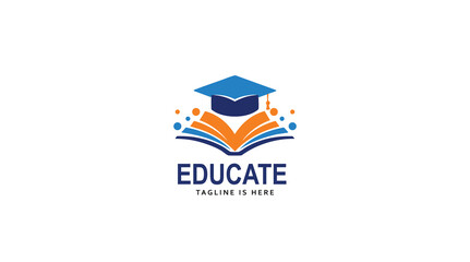 Modern education logo design with open book, graduation cap, and abstract elements, perfect for academic branding