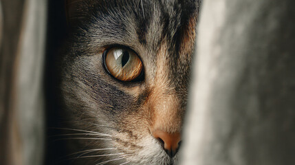 Fototapeta na wymiar Close-up of a cat peeking through curtains with focus on its eye