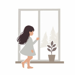 Young girl gazes out frosted window, winter wonder