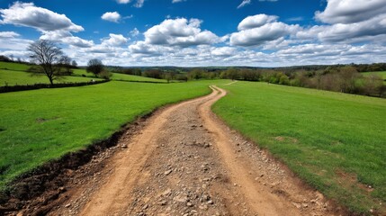 Fototapeta premium Dirt road winding through lush green fields under a bright blue sky with scattered clouds