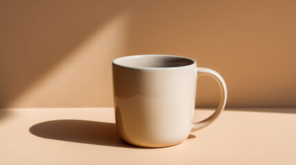 Minimal ceramic coffee mug against a neutral beige background with soft lighting