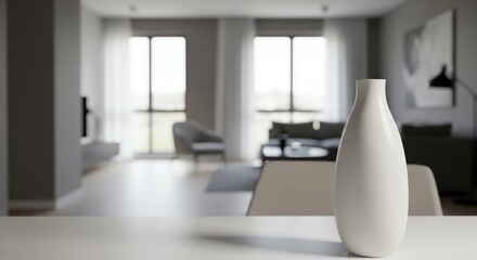 Modern minimalist interior featuring a white vase and blurred home office setting