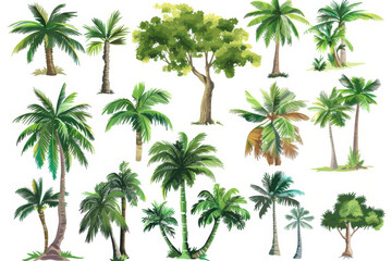 Collection of various palm tree illustrations showcasing different shapes and styles in a tropical theme.