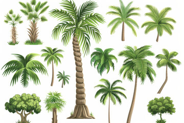 Obraz premium Collection of various palm tree illustrations showcasing different shapes and styles in a tropical theme.