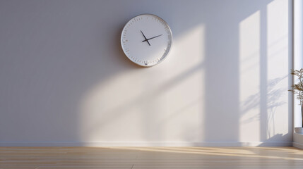 Minimalist room with wall clock and sunlight casting on timber flooring