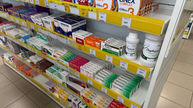 Visaginas, Lithuania &ndash; June 17, 2025: Editorial photo showing a section of a Lithuanian pharmacy with various over-the-counter digestive health products, including Smecta, No-Spa, Duphalac, Espumisan