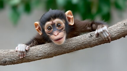 Baby monkey is looking at the camera from a tree branch. The monkey is smiling and he is curious about the photographer