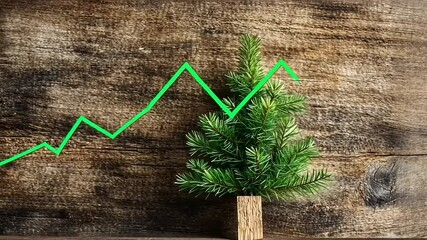 Green line graph rising above a small pine tree on a rustic wooden background, symbolizing growth - Powered by Adobe