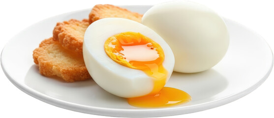 Boiled egg halves with runny yolk served with crackers on a white plate Isolate