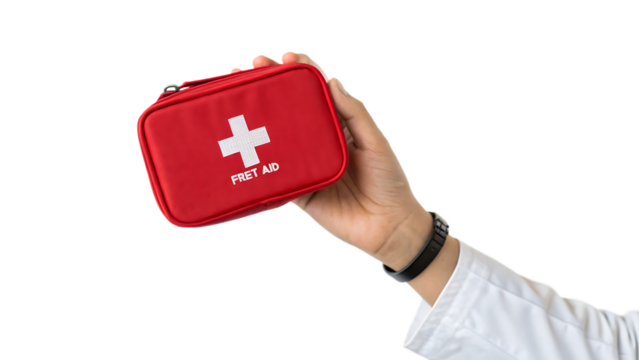 Hand holding red first aid medical kit bag on a white background PNG. AI GENERATED