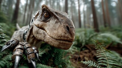 Obraz premium A sleek Velociraptor with robotic legs racing through the forest avoiding a T-Rex