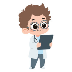 Cute baby boy in doctor costume holding a tablet. Flat vector illustration in simple child style on white background. Vector illustration