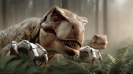 A sleek Velociraptor with robotic legs escapes a charging cybernetic T-Rex