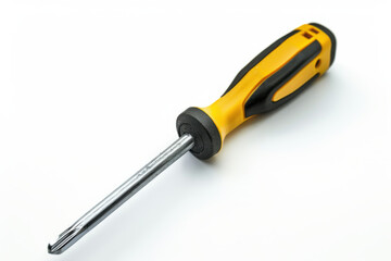 Close-up of a yellow and black screwdriver with a steel shaft and ergonomic handle on a white background.