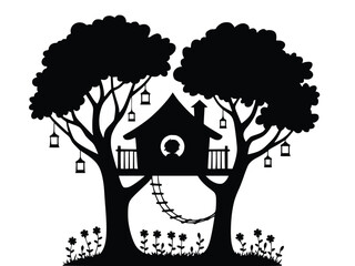 Enchanting Silhouette of a Treehouse nestled amongst lush trees and flowers a whimsical design perfect for children's illustrations and home decor