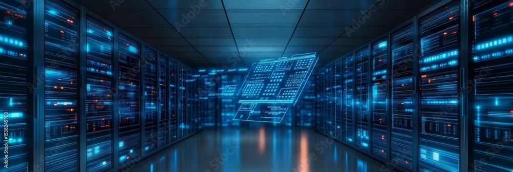 Poster high-tech data center architecture showcasing innovative network solutions and server systems design