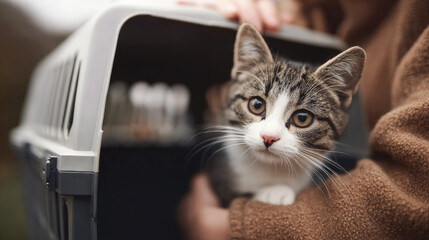 The owner tries to place the cat in a carrier for a trip in the car.