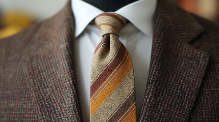 Vintage inspired tie with faded stripes in warm earthy tones draped casually over a tweed blazer...