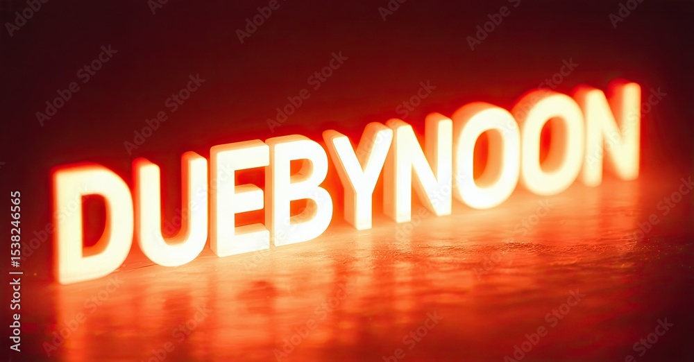 Poster Bright neon sign displays DUEBYNOON. Red glow dominates dark background. Reflective surface creates visual interest. Simple typography.