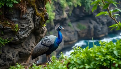 Obraz premium Indian Peafowl in a coastal cliff