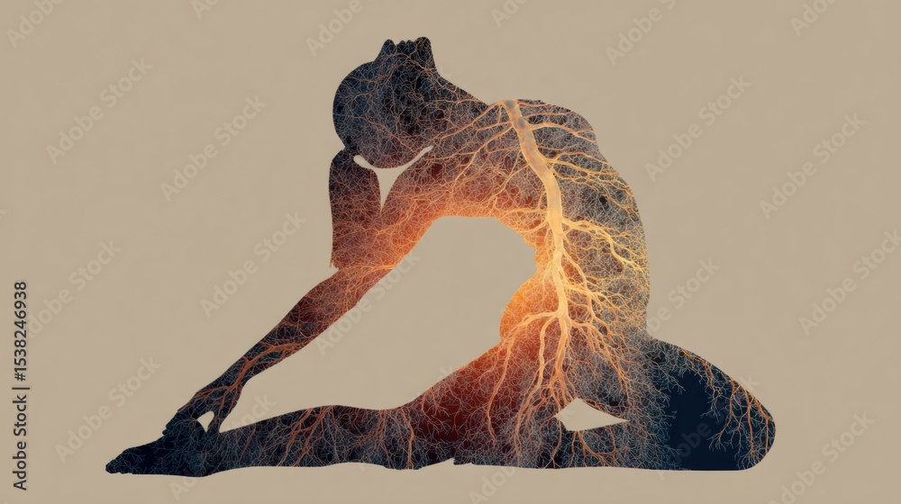 Poster nervous system visualization overlays yoga pose silhouette representing the connection between mind 