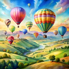 Obraz premium watercolor hot air balloons floating hills sunny bright colors, bright watercolor hot air balloons over hills sunny