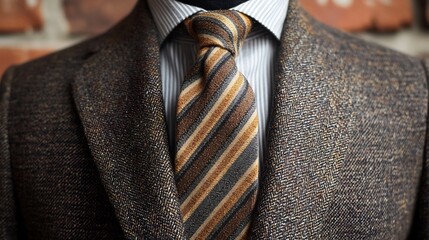 Vintage inspired tie with faded stripes in warm earthy tones draped casually over a tweed blazer...
