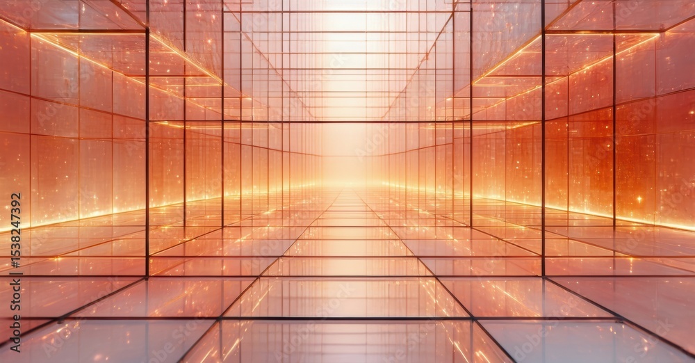 Poster infinite glass corridor. warm orange glow emanates from distant point. reflections create mesmerizin