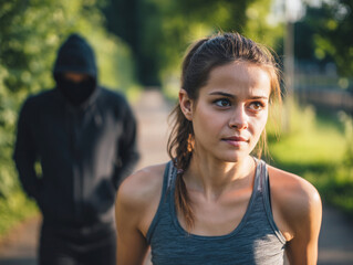 Woman jogging senses danger as hooded man follows closely behind. The problem of the vulnerable position of women in society.