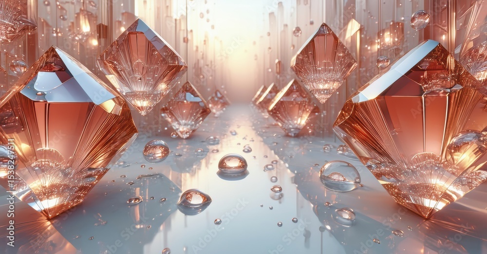 Poster Crystals reflect light, creating luminous scene. Water droplets add sparkle, enhancing visual depth. Soft hues dominate composition.