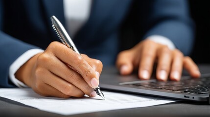 Fototapeta premium Businessman in formal suit writing on paper with a pen at a desk