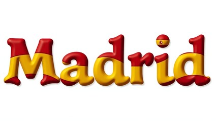 The word "Madrid" in bold letters filled with the red and yellow colors of the Spanish flag, with a subtle coat of arms. Flat vector style on white background, ideal for travel or editorial use.
