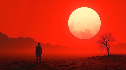 Solitary Figure Contemplates a Crimson Landscape under a Gigantic Sun, Featuring Barren Terrain and a Lone Tree in a Dystopian Environment.