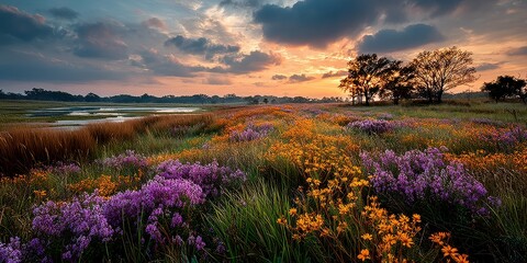 Fototapeta premium Vibrant wildflowers bloom in a serene landscape at sunset near a tranquil water body