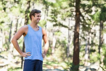 Man standing with hands on hips smiling in pine forest clearing among rocks under dappled sunlight