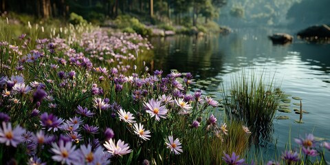 Serene view of wildflowers blooming by a tranquil lake in the forest during early morning light