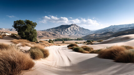 Desert Oasis: A solitary tree stands tall amidst rolling sand dunes, a vibrant green contrast against the beige landscape.  Mountains rise in the distance under a clear blue sky.